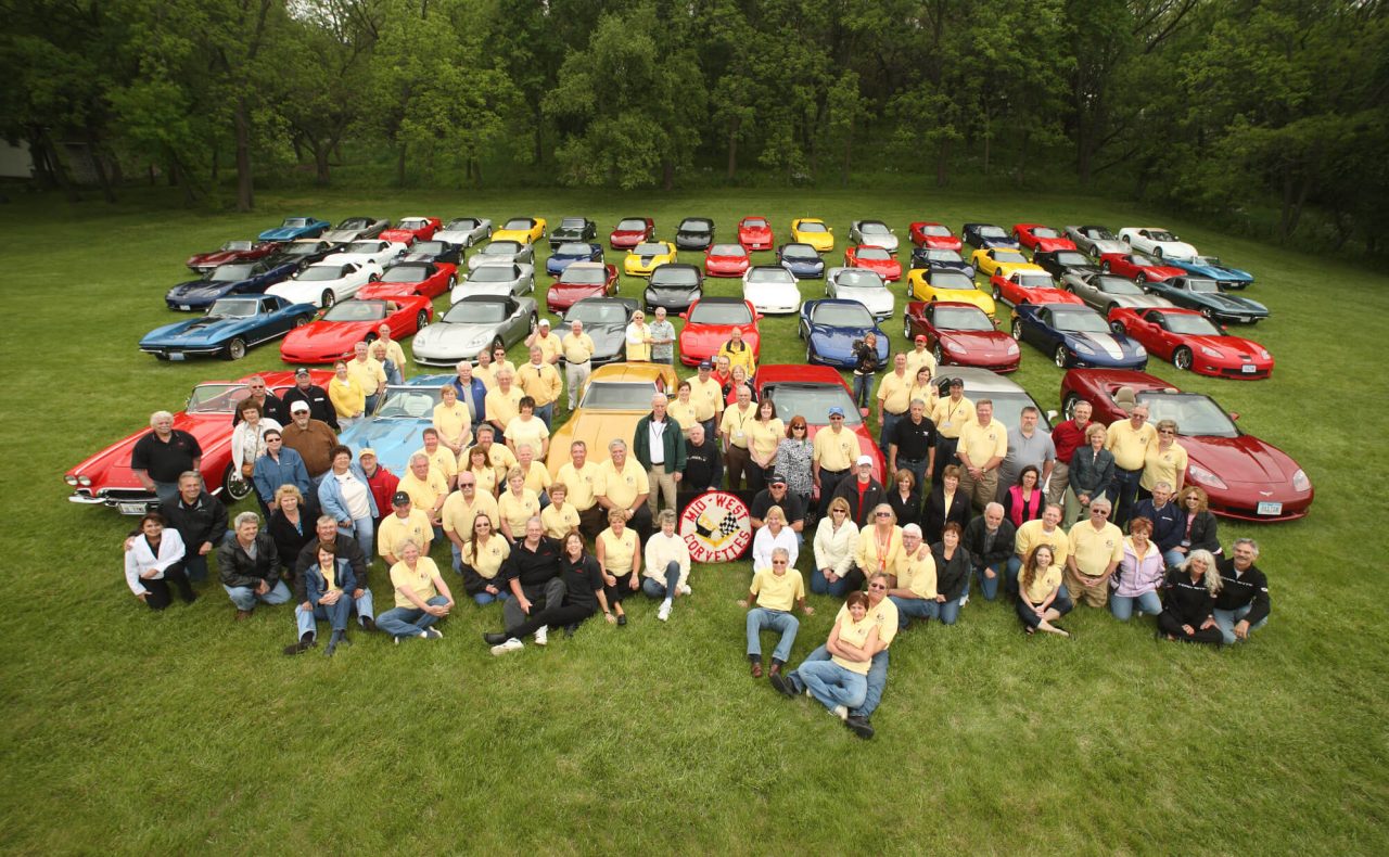 Club members and their Corvettes lined up for the Mid-West Corvettes 50th anniversary